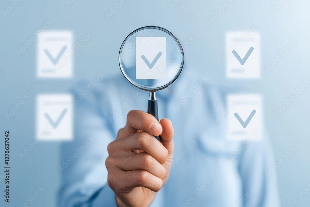Poster inspecting certification documents for quality review office environment visual guide