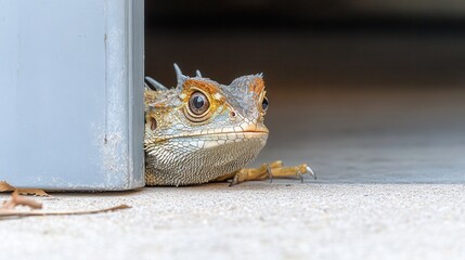 A small lizard peeks out from behind a door, its textured skin and sharp claws visible.