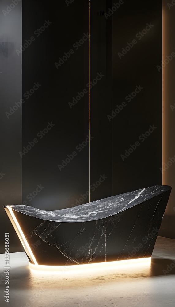 Poster marble reception desk with illuminated base and dark background