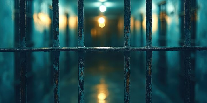 Dimly lit, atmospheric prison corridor with metal bars on the foreground leading to a hazy, mysterious hallway; evokes themes of confinement and isolation.