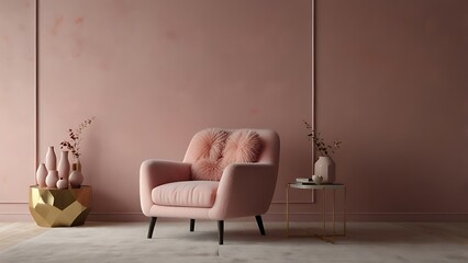 stock photo features a minimalist pink room with a fluffy chair, creating a serene and elegant atmosphere with