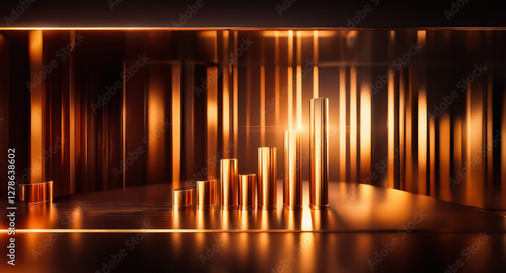 Aufkleber Abstract golden cylinders stand in rows, illuminated by a bright light source, creating a warm, metallic scene with reflections and depth.