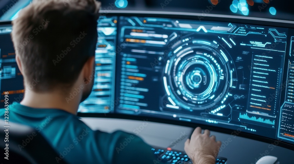 Aufkleber man working on futuristic digital interface on curved monitor