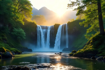 Majestic Waterfall at Sunrise in Lush Green Forest.