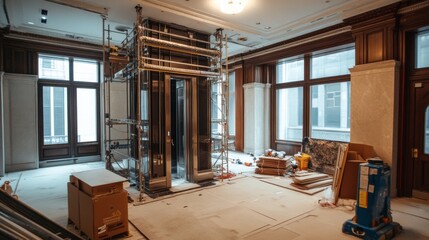 A skyscraper undergoing interior renovation with luxury office spaces and upgraded elevators