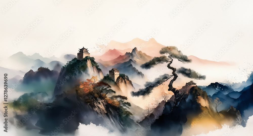 Poster misty mountain scenery in a painterly style. soft hues blend across peaks and slopes, with trees sil