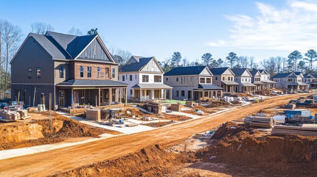 A suburban neighborhood being developed with rows of houses in different stages of construction
