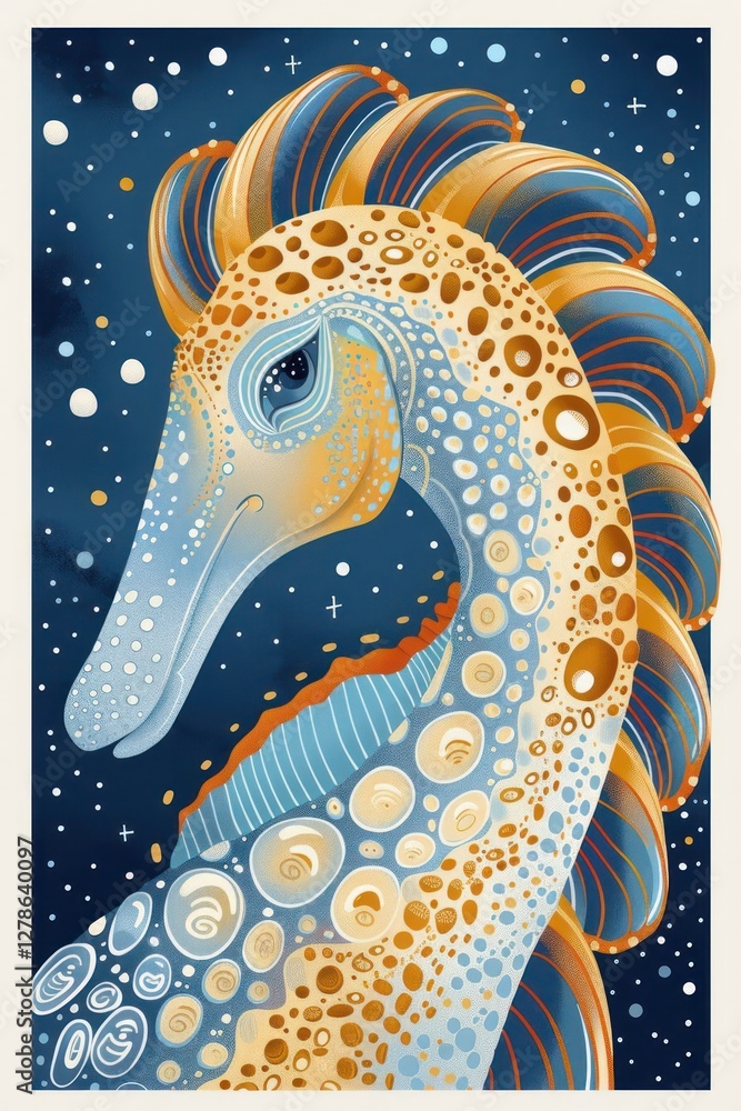 Poster a stylized seahorse adorned with intricate patterns and cosmic elements in a vibrant color palette.