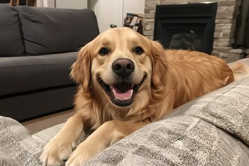 Obraz premium Happy Golden Retriever relaxing on sofa
