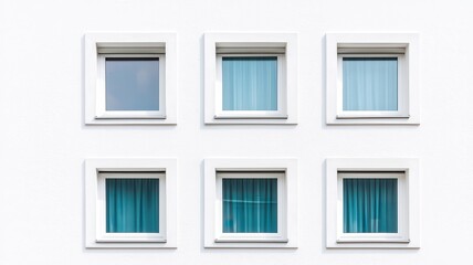 Fototapeta premium Modern White Building Exterior with Six Square Windows Teal Curtains Architectural Detail