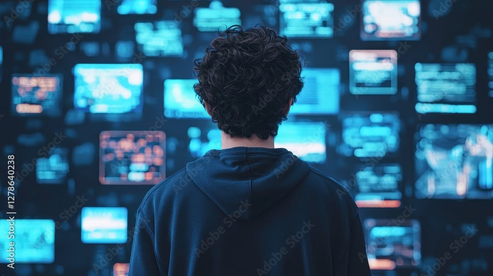 Aufkleber person reviewing data on multiple screens cybersecurity analyst data analysis digital information