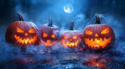 Fototapeta premium Spooky Halloween Jack-o'-Lanterns Background