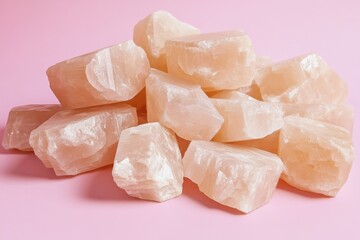 Pile of delicate rose quartz stones rests on pink background