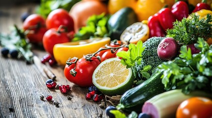 Close-up of vibrant fresh vegetables and fruits on wooden table, symbolizing healthy blood pressure foods, emphasizing natural nutrition and wellness.
