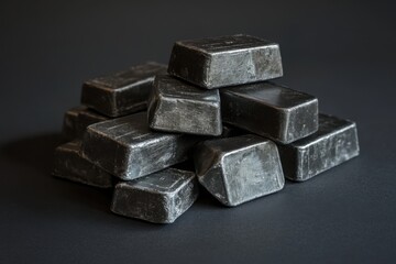 A pile of shiny metallic gray ingots resting on dark surface