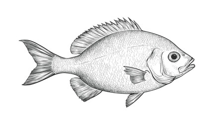 Obraz premium Fish sketch dorado gilt-head bream. Vintage retro print, black white gilt-head bream fish sketch ink pencil style drawing, linear drawing, engrave old school. Sketch artwork dorado fish. Illustration