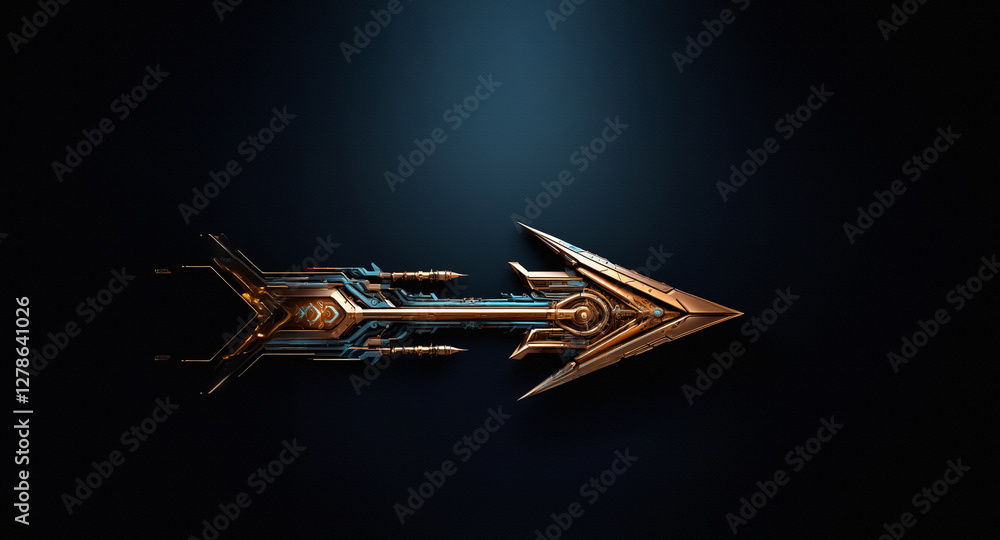 Poster a detailed, ornate arrow with a bronze and blue metallic finish points right on a dark backdrop, sho