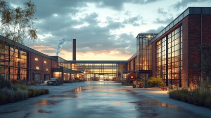 Fototapeta premium A modern industrial building with large glass windows, brick walls, and a serene outdoor environment, illuminated by a dramatic sunset.