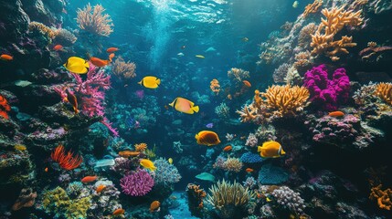 Naklejka premium Aerial view of a coral reef with colorful marine life and clear blue waters, underwater summer vacation background with copy space.
