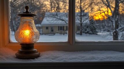 Naklejka premium A warm light glows from a glass lamp on a snow-covered windowsill, overlooking a winter sunset.