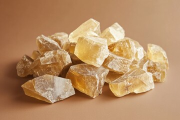 Pile of raw yellow calcite stones on a neutral surface