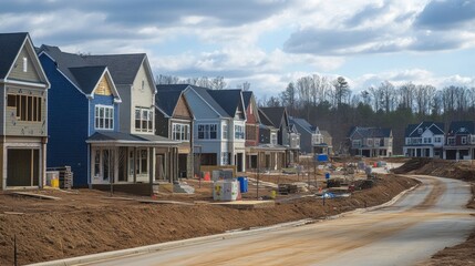 A suburban neighborhood being developed with rows of houses in different stages of construction