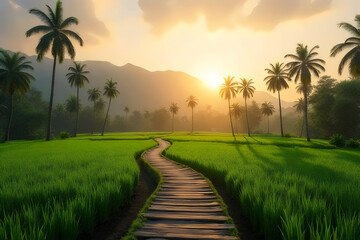 Serene Sunset Path Through Lush Green Rice Paddy Field