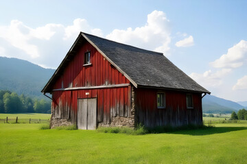Obraz premium Rustic Red Barn in a Green Field with Mountains in the Background