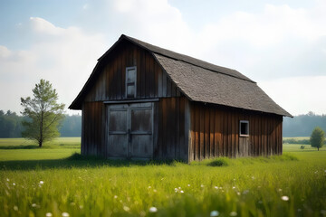 Obraz premium Rustic Wooden Barn in a Green Field