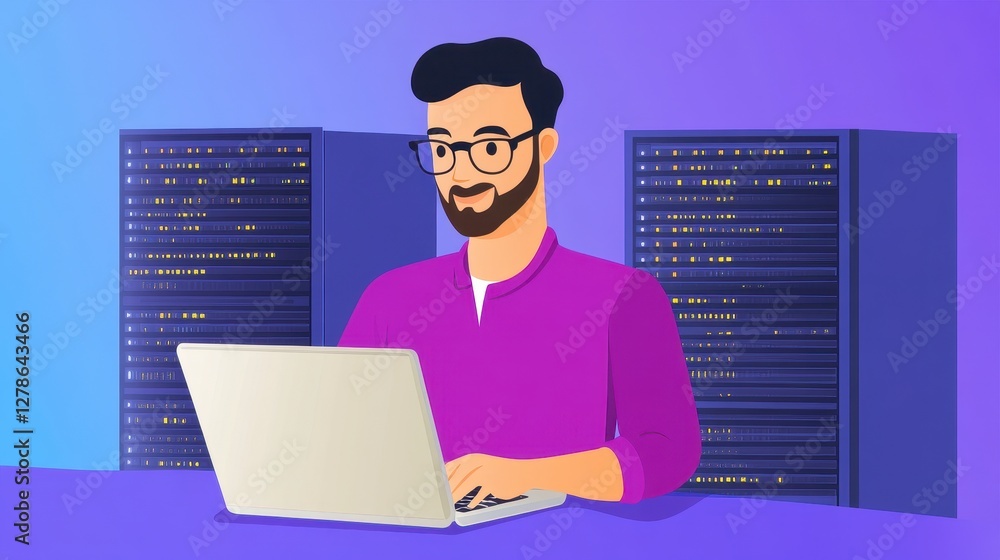 Poster pixel art programmer working on laptop near servers