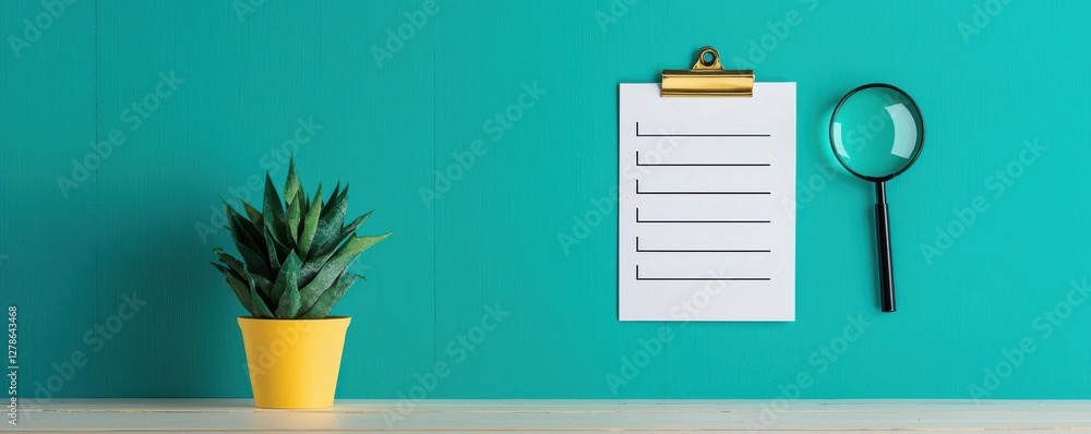 Poster streamlining document review with a minimalist design and magnifying glass