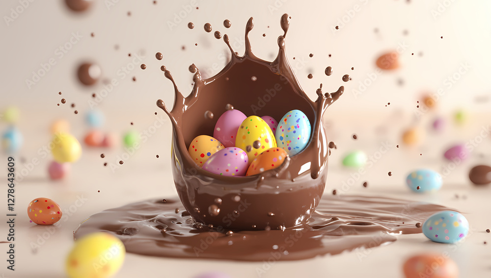 Poster chocolate egg explosion: a visual feast of chocolate erupting, revealing colorful easter eggs in the