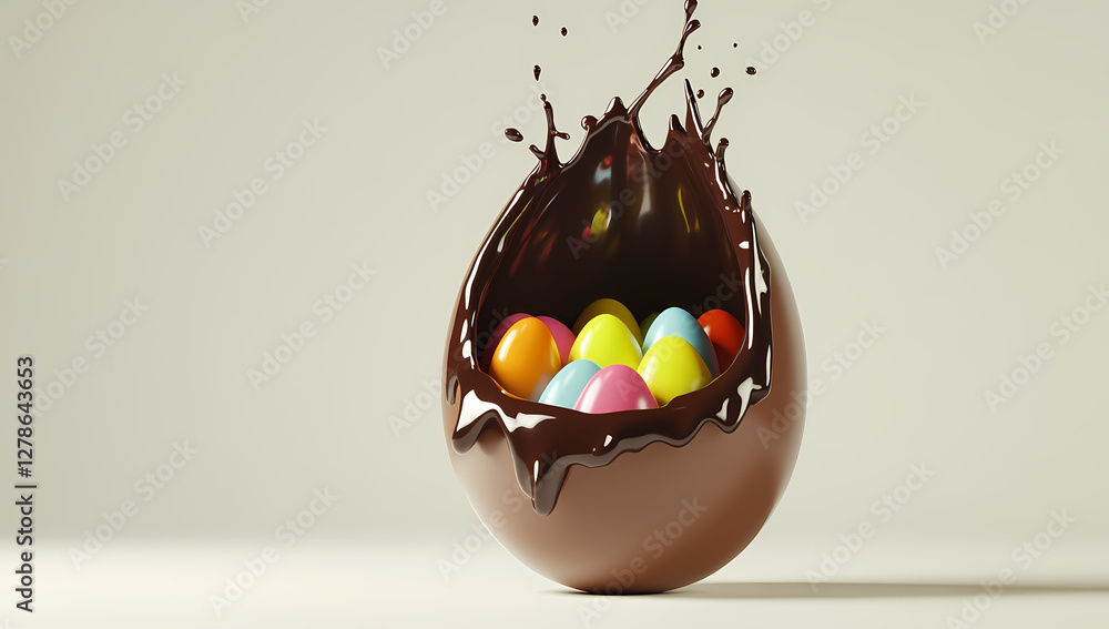 Poster chocolate egg explosion: a creative rendering of a chocolate egg exploding with a cascade of melted 