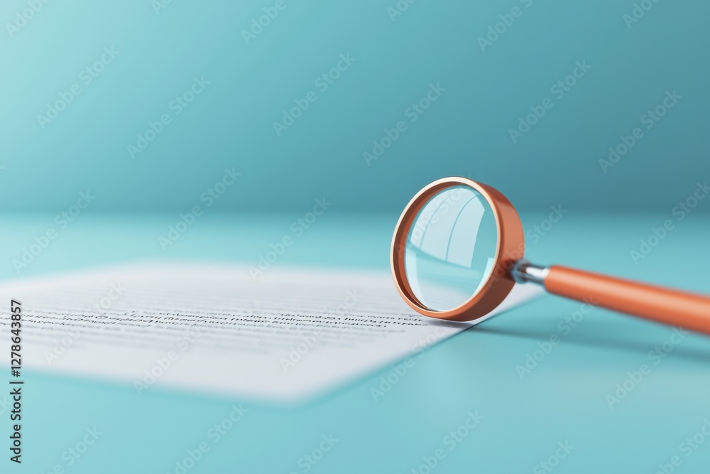 Poster conducting a minimalist document review using a magnifying glass at a tranquil workspace