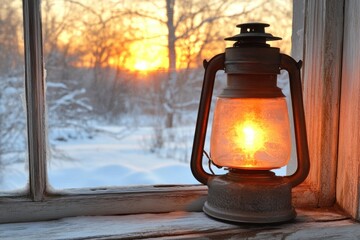 A glowing lantern sits on a snowy windowsill, the warm light contrasting with the winter sunset outside.