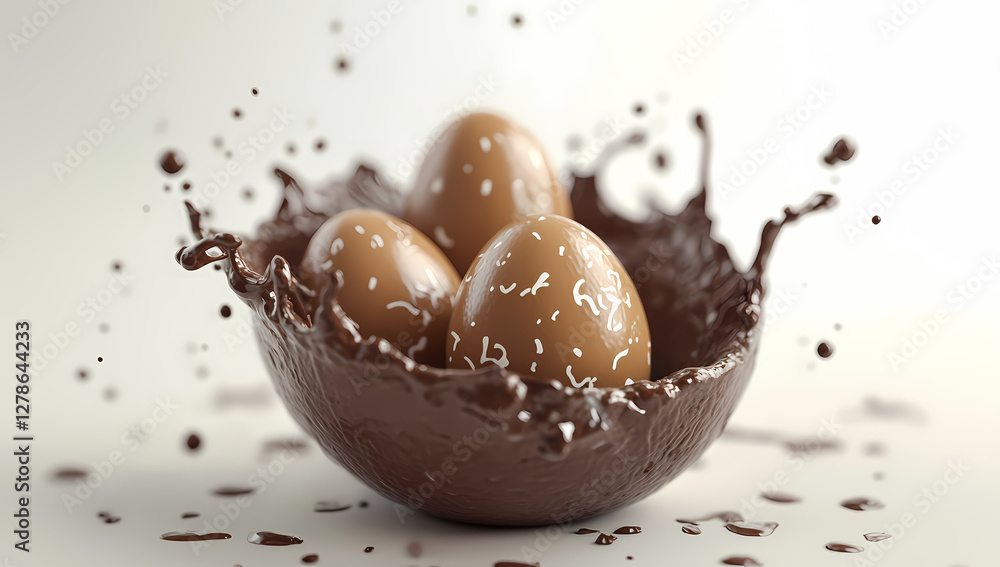 Poster chocolate eggs in splash: artistic capture of three chocolate eggs nestled within a captivating spla