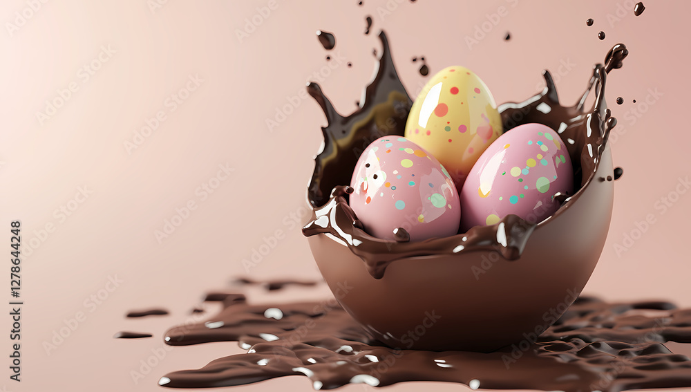 Poster a chocolate easter splash: a visually appealing composition showcasing colorful easter eggs nestled 