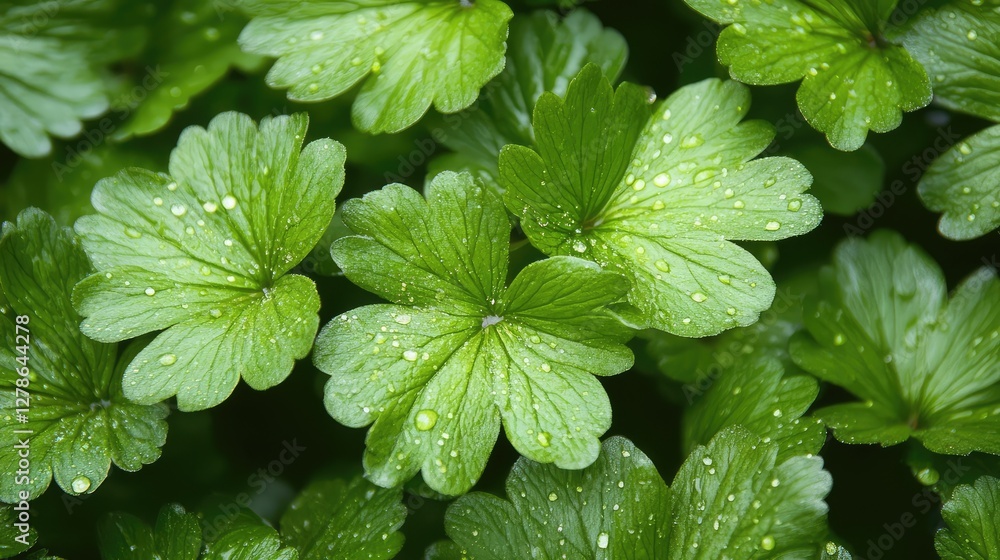 Poster a close-up shot of green leaves with dew drops, creating a fresh and natural backdrop with lots of c