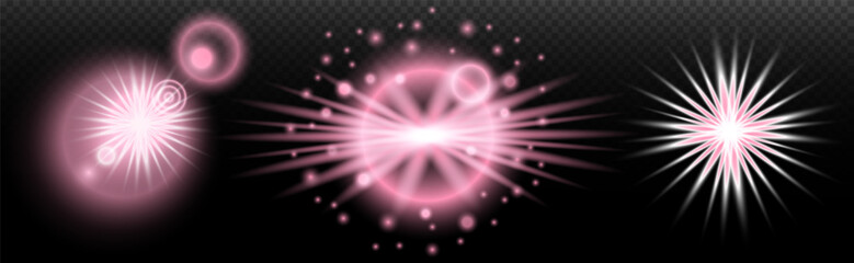 Light effect: isolated flare, tire explosion, dust line, sun flare, star spark, sunlight, vector set.