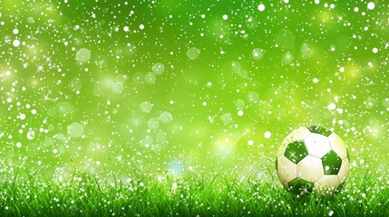 Naklejka premium Soccer ball on green grass with snow effect background. Possible use Sports backdrop