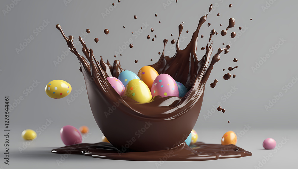 Poster easter chocolate egg splash: a dynamic splash of rich, dark chocolate envelops a collection of color