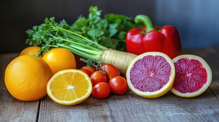 Close-up of vibrant fresh vegetables and fruits on wooden table, symbolizing healthy blood pressure foods, emphasizing natural nutrition and wellness.
