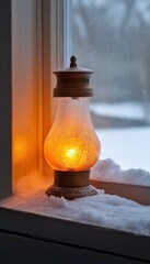 A glowing lantern sits on a snow-covered windowsill, offering warmth against a cold winter scene.
