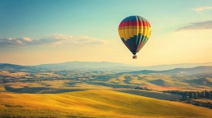 Fototapeta premium A colorful hot air balloon floating above rolling hills, dreamy travel and adventure concept with copy space.
