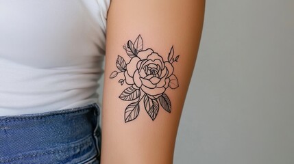 Simple Black Line Art Rose Tattoo on Woman's Arm