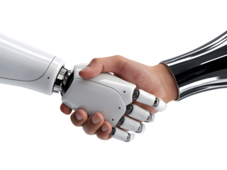 robot handshakes with man, PNG transparent cutout AI and human collaboration