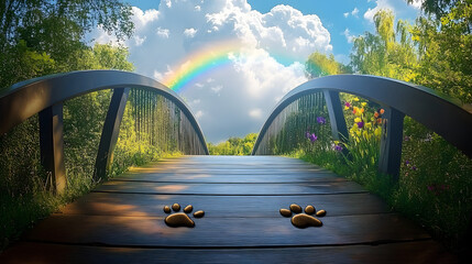 Rainbow bridge leading to the sky with paw prints along the path. picture