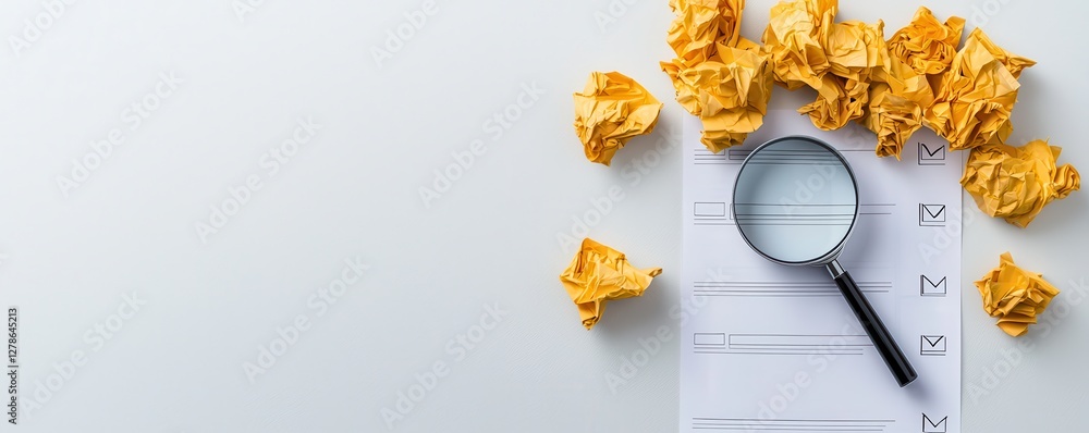 Poster reviewing document quality control with a magnifying glass in a professional environment