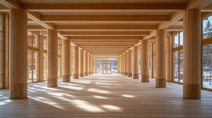Wooden hall, sunlit, winter forest view