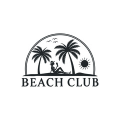 sun beach club,summer silhouette logo vector line art logo design